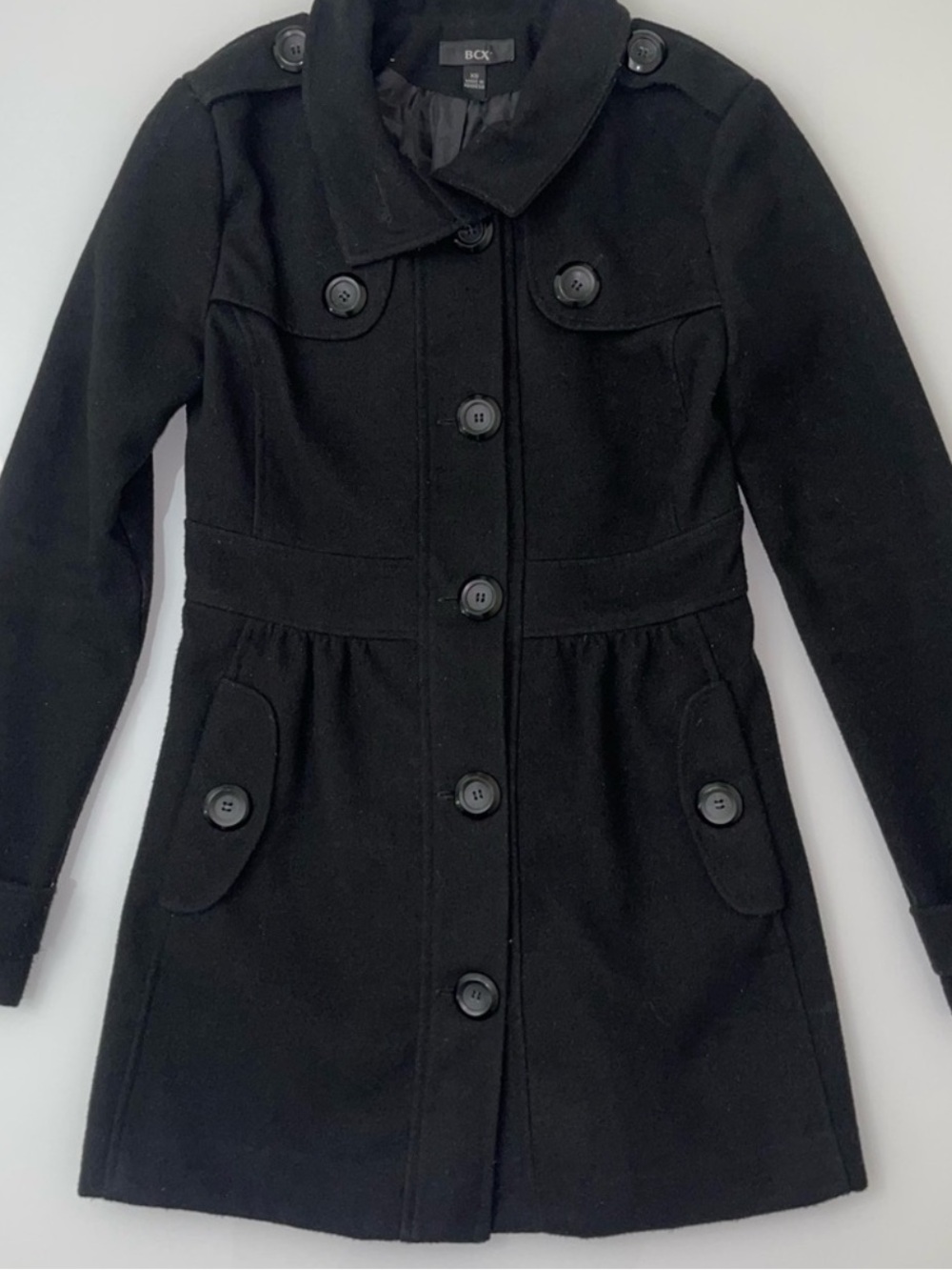 BCX Black Wool-Blend Button Coat with Notch Collar